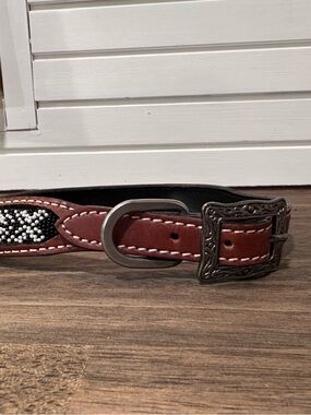 Brown Leather Beaded Western dog collar with Floral Buckle